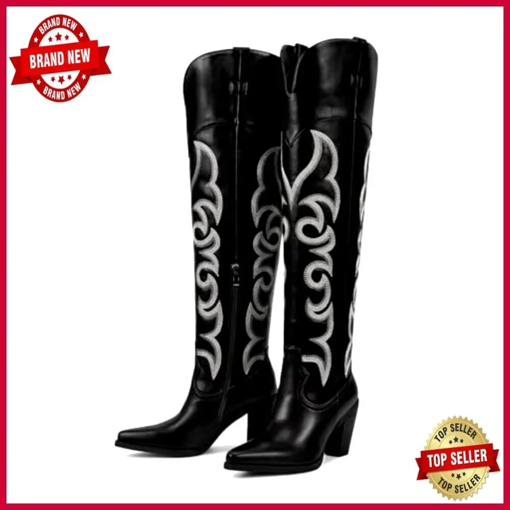 Knee High Western Boots Chunky Heel Elegant Retro Stylish Cowgirl Fashion